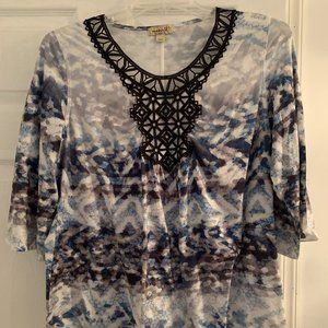 ONE WORLD MULTI-COLOR  EMBELLISHED 3/4 SLEEVE TOP